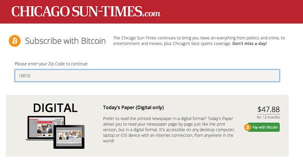 Chicago Sun Times Newspaper accepts Bitcoin