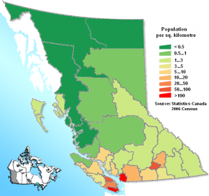 Map of British Columbia regional districts with population density