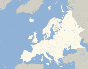 A blank map of Europe. The continental boundary to Asia indicated follows the standard convention of the crest of the Greater Caucasus, the Urals River and the Urals Mountains to the Sea of Kara.